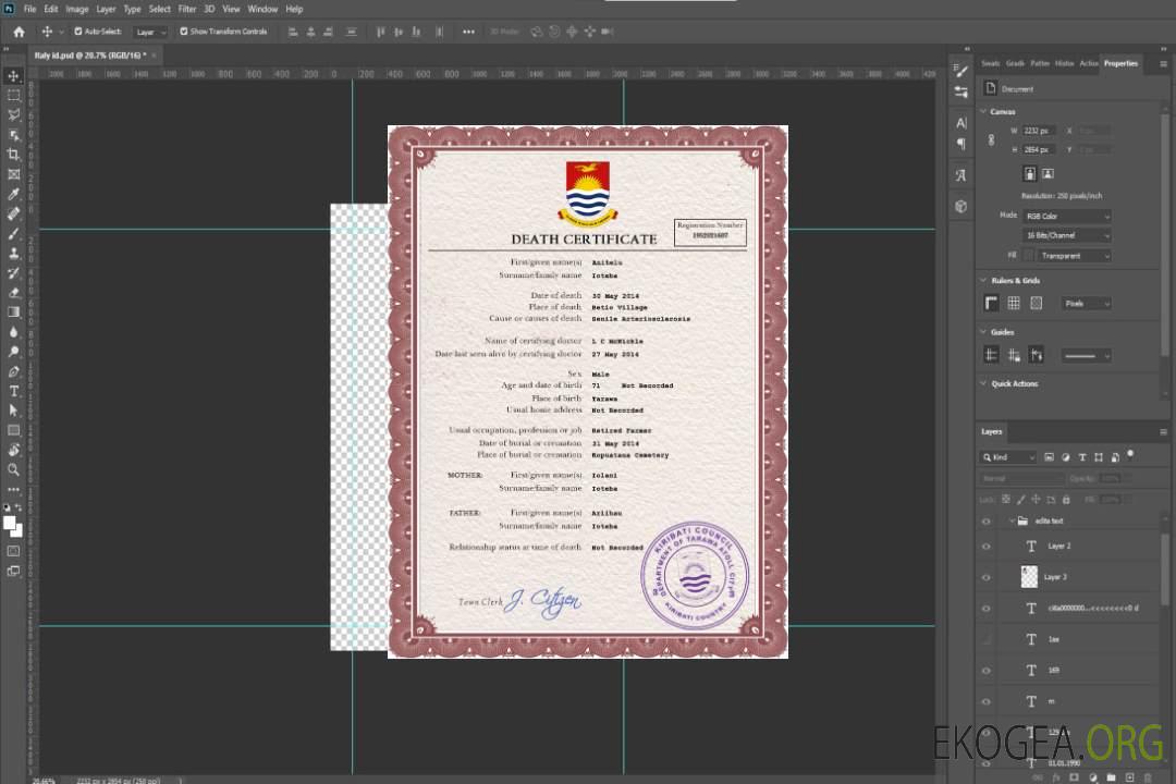 Modèle PSD de certificat de décès de Kiribati template Modèle PSD de certificat de décès de Kiribati template